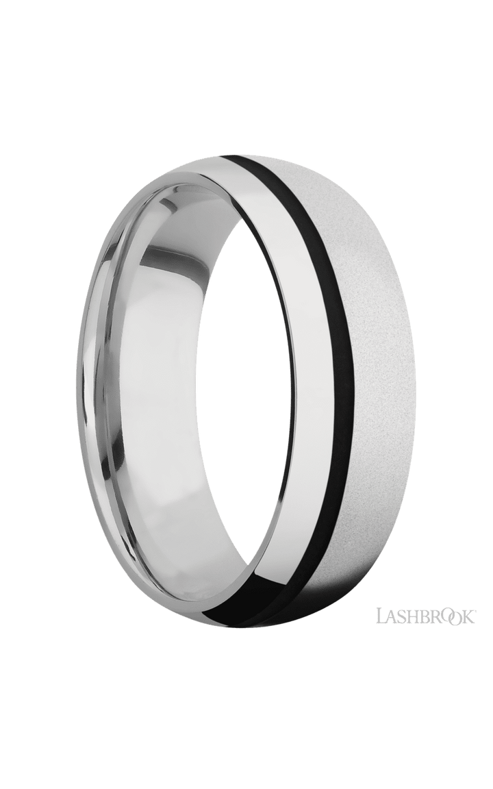 7 mm wide/Domed/Cobalt Chrome band with one 1 mm Off Center inlay of Black.