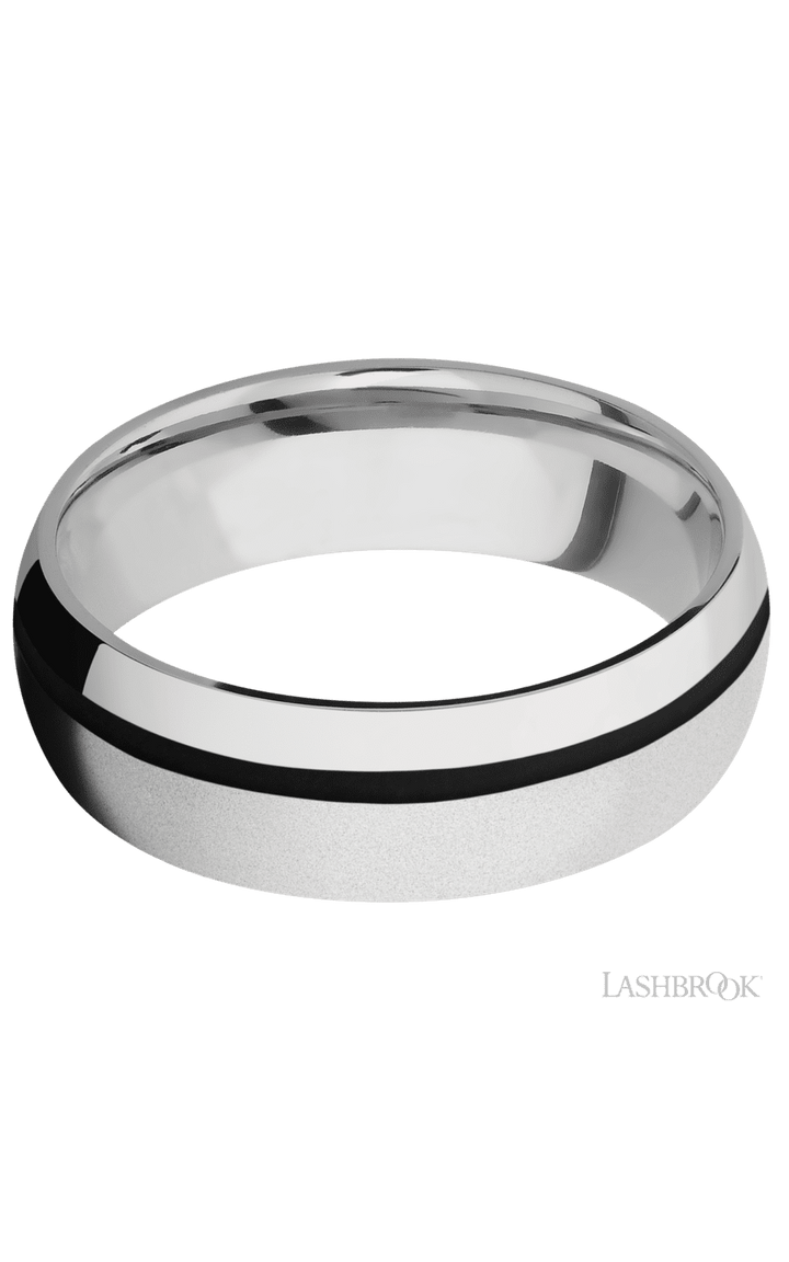 7 mm wide/Domed/Cobalt Chrome band with one 1 mm Off Center inlay of Black.