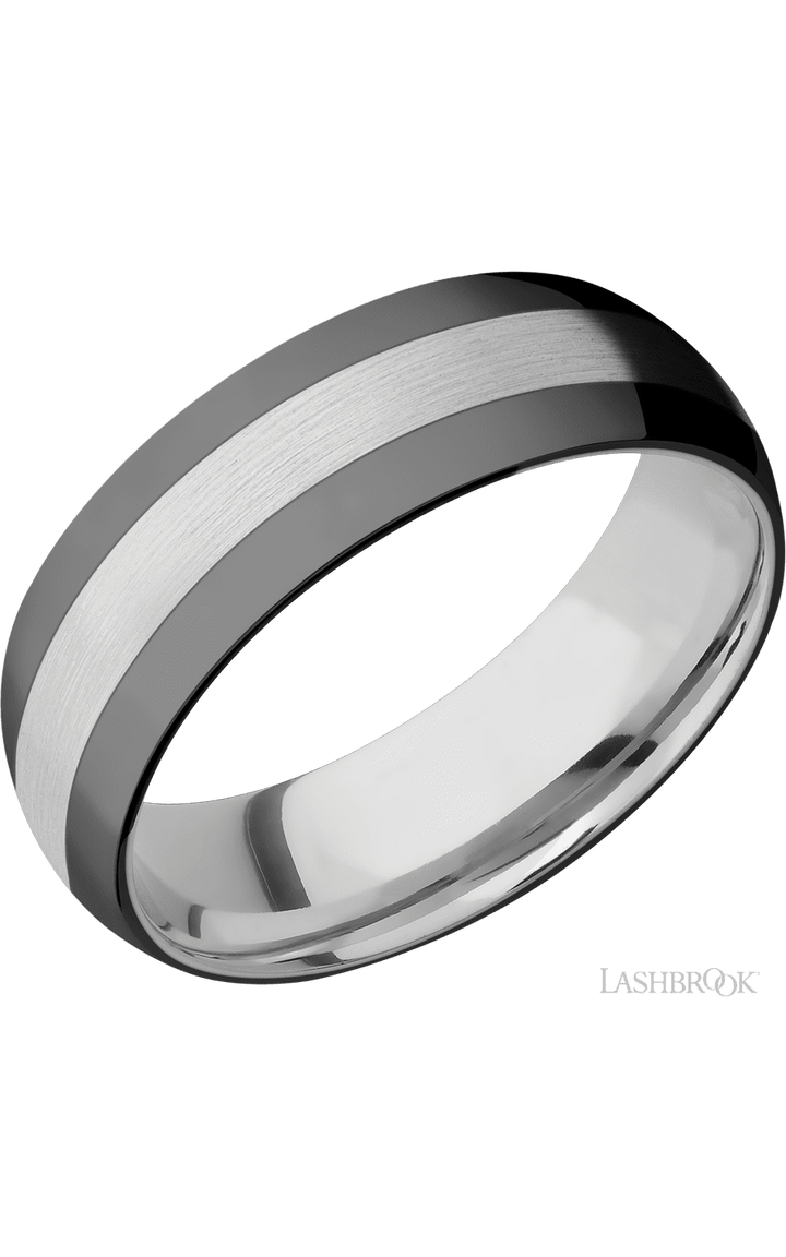7 mm wide/Domed/Cobalt Chrome band with two 2 mm Double Off Center Edge inlays of Zirconium.
