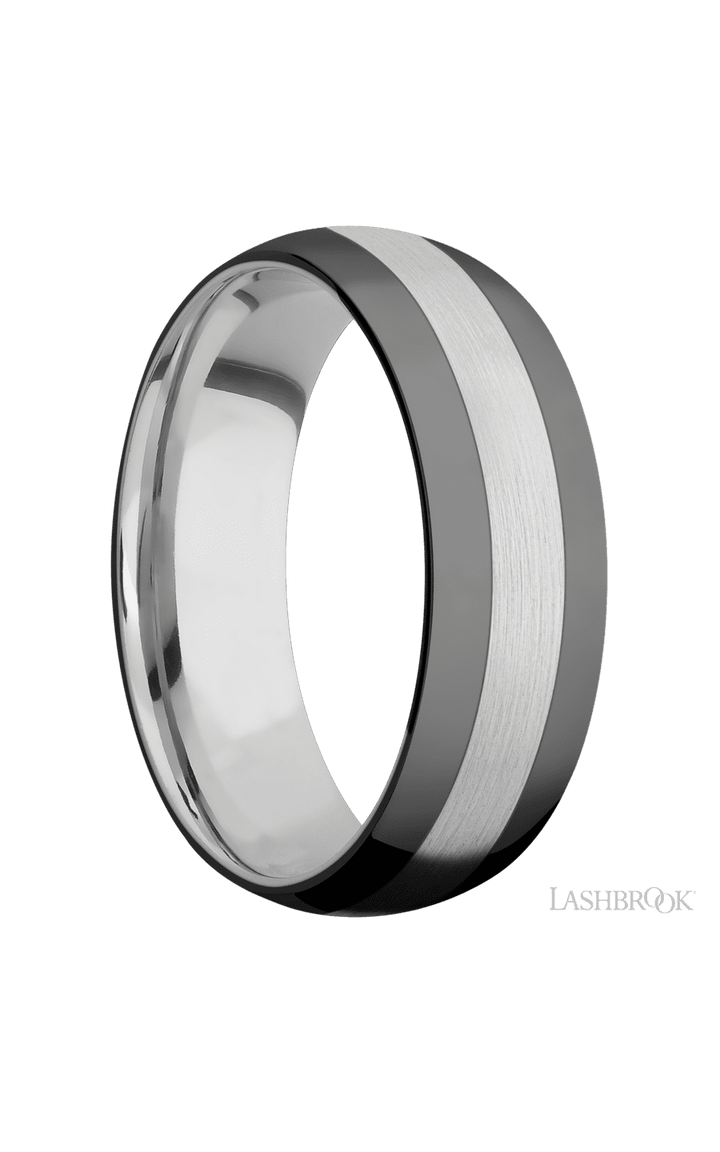 7 mm wide/Domed/Cobalt Chrome band with two 2 mm Double Off Center Edge inlays of Zirconium.