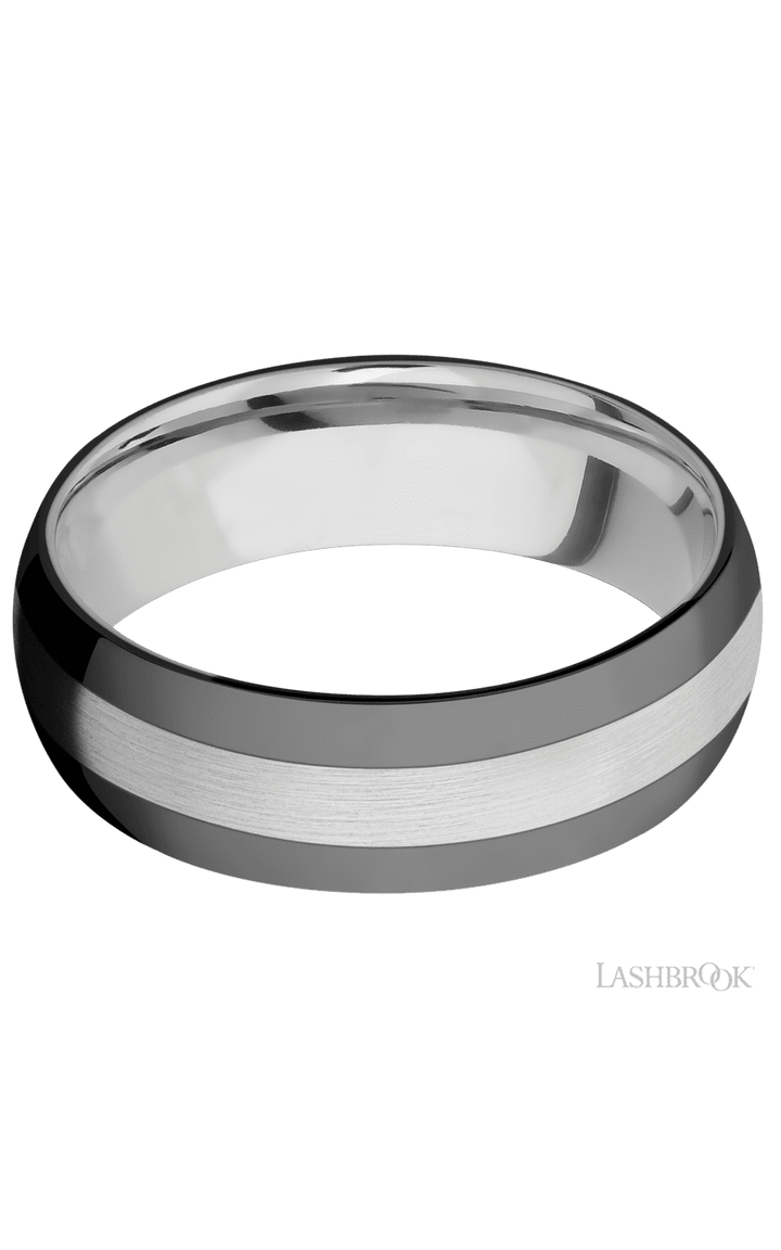 7 mm wide/Domed/Cobalt Chrome band with two 2 mm Double Off Center Edge inlays of Zirconium.