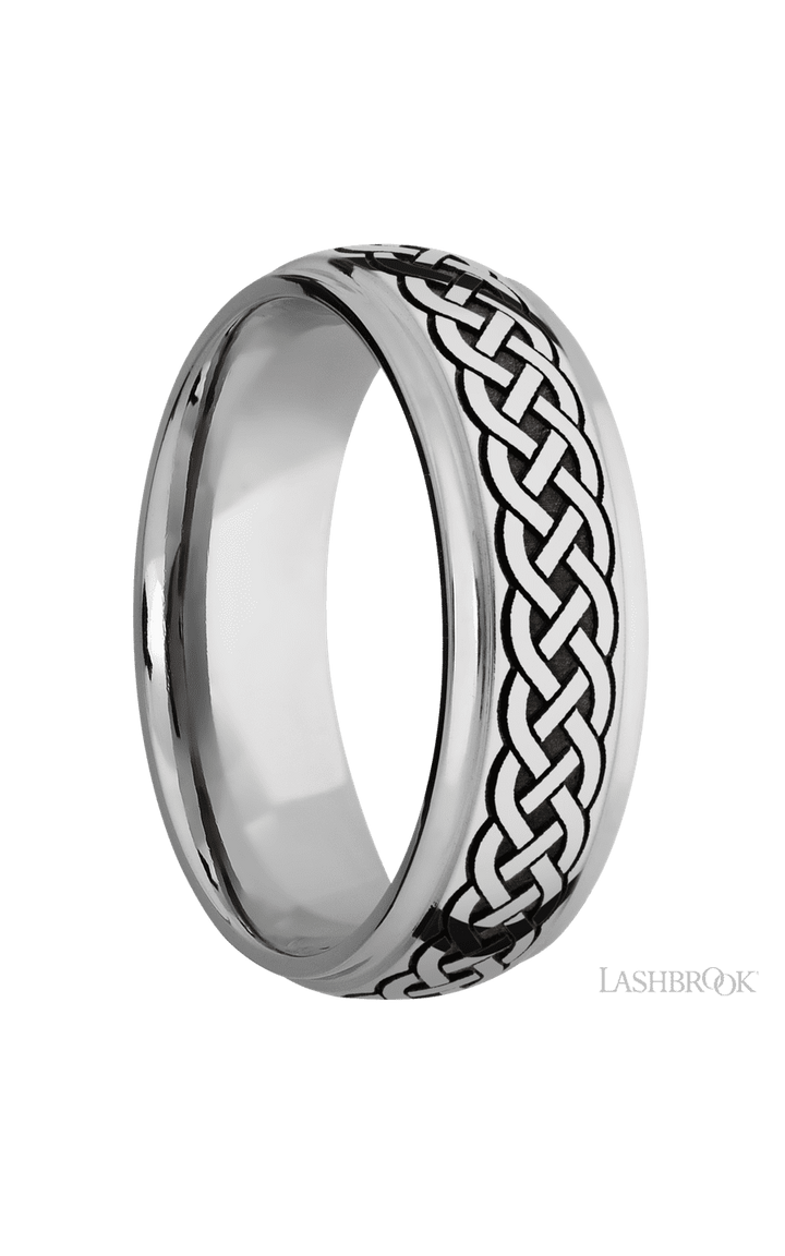 7 mm wide/Domed Stepped Down Edges/Cobalt Chrome band with a laser carved Celtic 9 pattern.