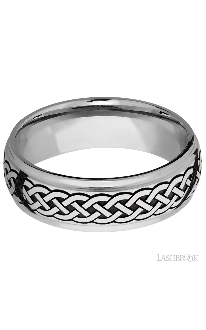 7 mm wide/Domed Stepped Down Edges/Cobalt Chrome band with a laser carved Celtic 9 pattern.