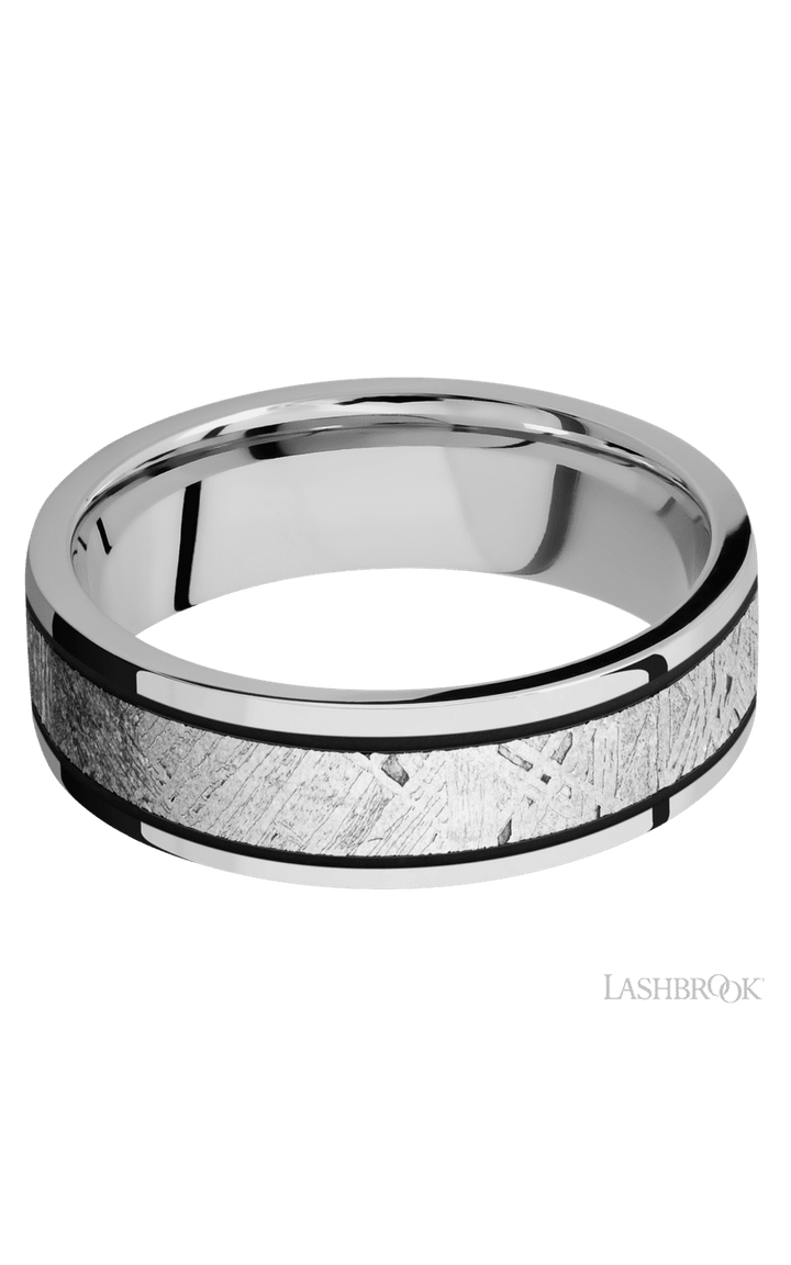 7 mm wide/Flat/Cobalt Chrome band with one 4 mm Centered inlay of Meteorite.