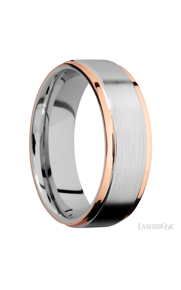 7 mm wide/Flat Grooved Edges/Cobalt Chrome band with two 1 mm Edge inlays of 14K Rose Gold.