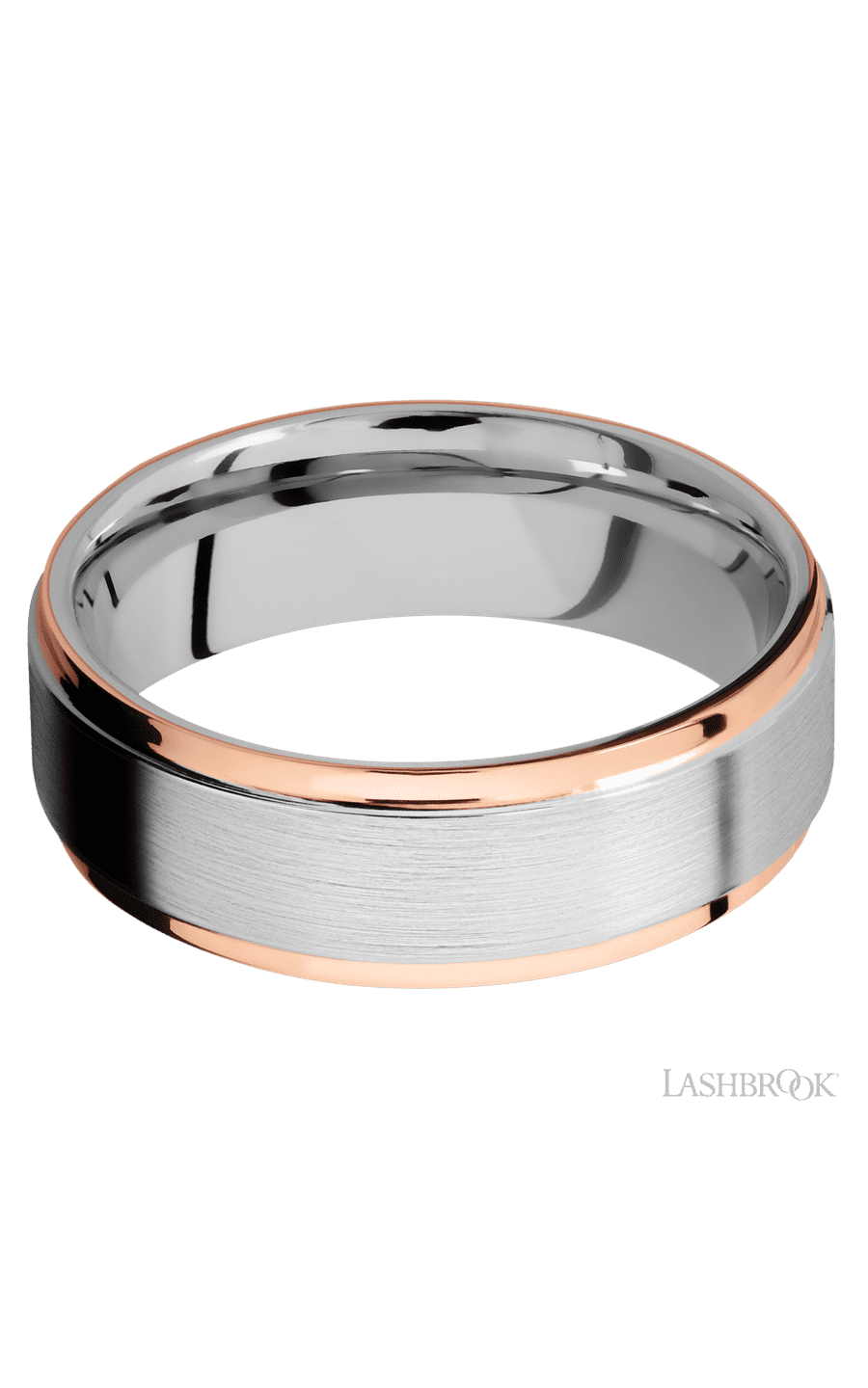 7 mm wide/Flat Grooved Edges/Cobalt Chrome band with two 1 mm Edge inlays of 14K Rose Gold.