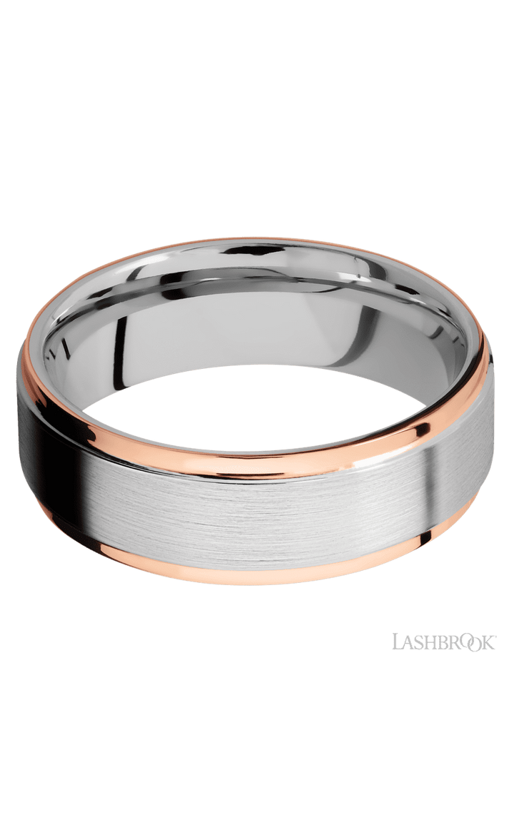 7 mm wide/Flat Grooved Edges/Cobalt Chrome band with two 1 mm Edge inlays of 14K Rose Gold.