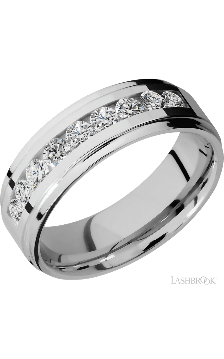 7 mm wide/Flat Grooved Edges/Cobalt Chrome band with an  arrangement of 9, .1 carat Round Diamond stones in a Channel setting.