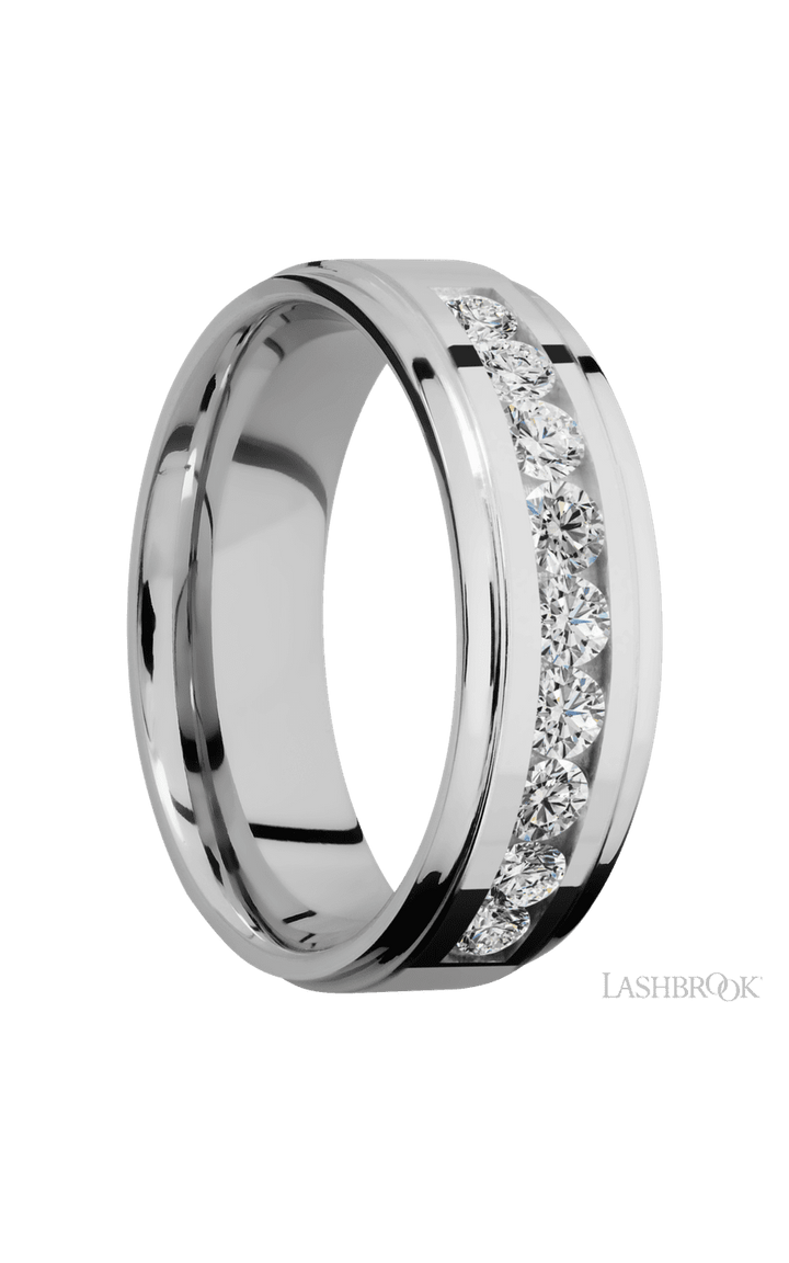 7 mm wide/Flat Grooved Edges/Cobalt Chrome band with an  arrangement of 9, .1 carat Round Diamond stones in a Channel setting.
