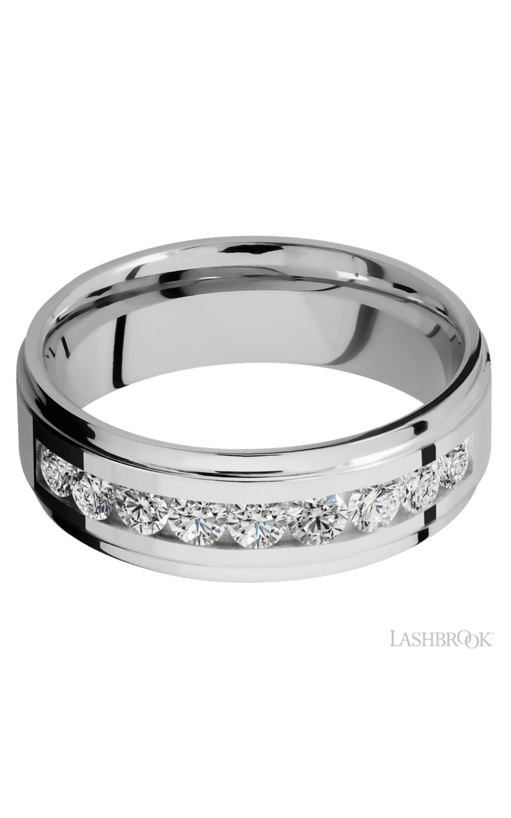 7 mm wide/Flat Grooved Edges/Cobalt Chrome band with an  arrangement of 9, .1 carat Round Diamond stones in a Channel setting.