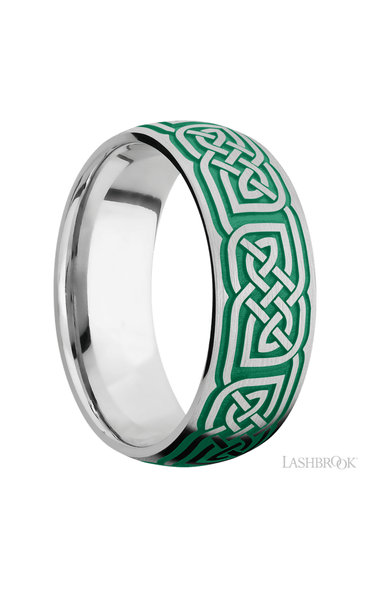 8 mm wide/Domed/Cobalt Chrome band with a laser carved Celtic 17 pattern.
