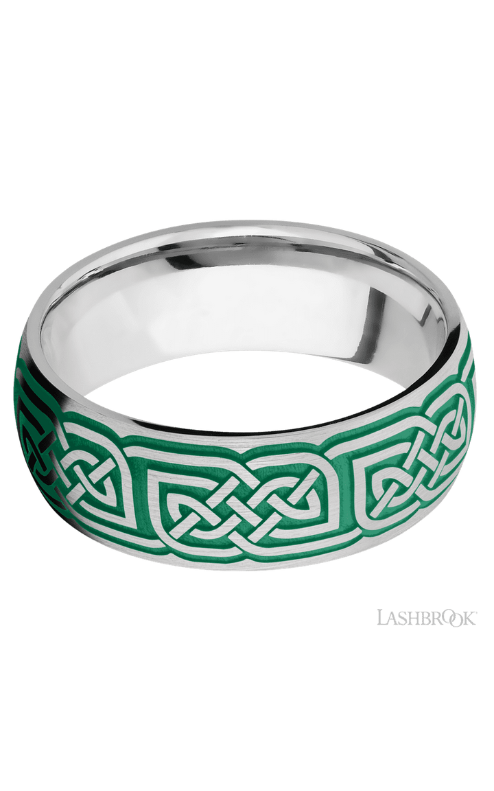 8 mm wide/Domed/Cobalt Chrome band with a laser carved Celtic 17 pattern.