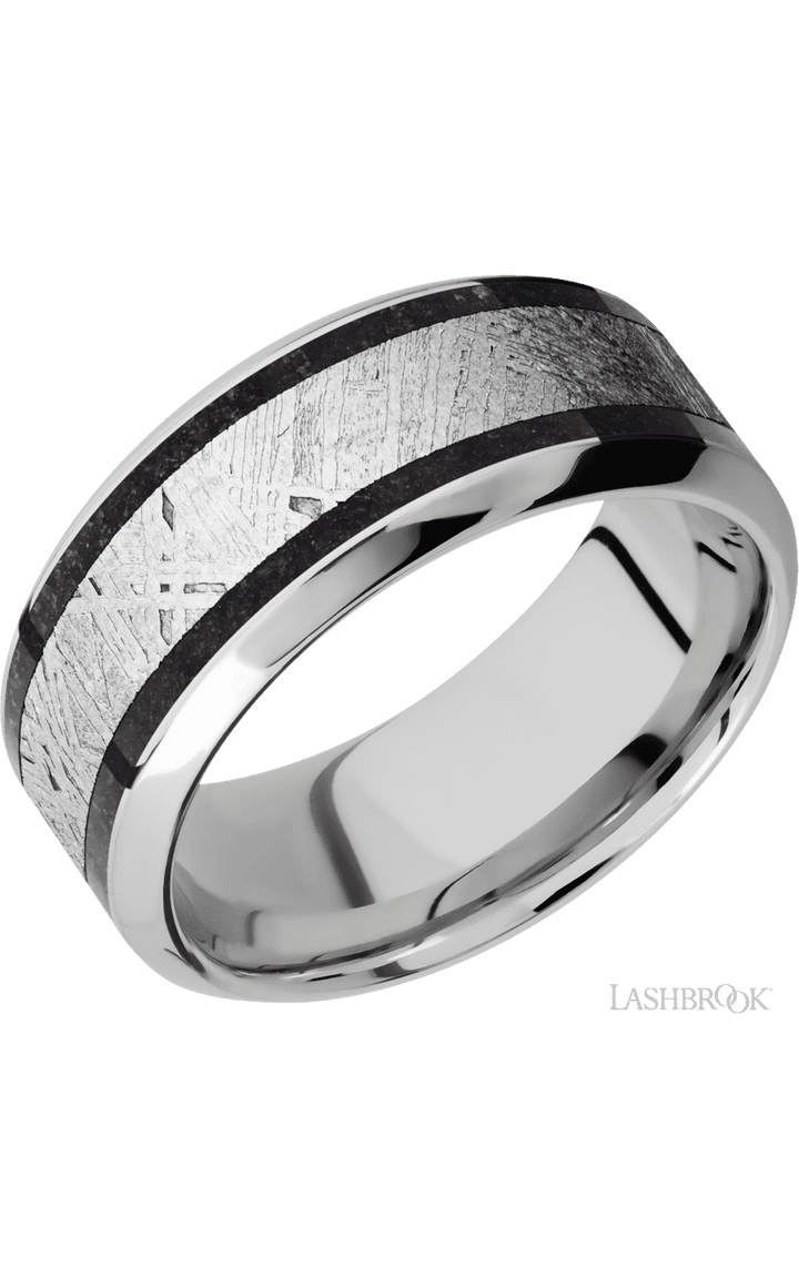 9 mm wide/High Bevel/Cobalt Chrome band featuring inlays of Dinosaur Bone Black and Meteorite.