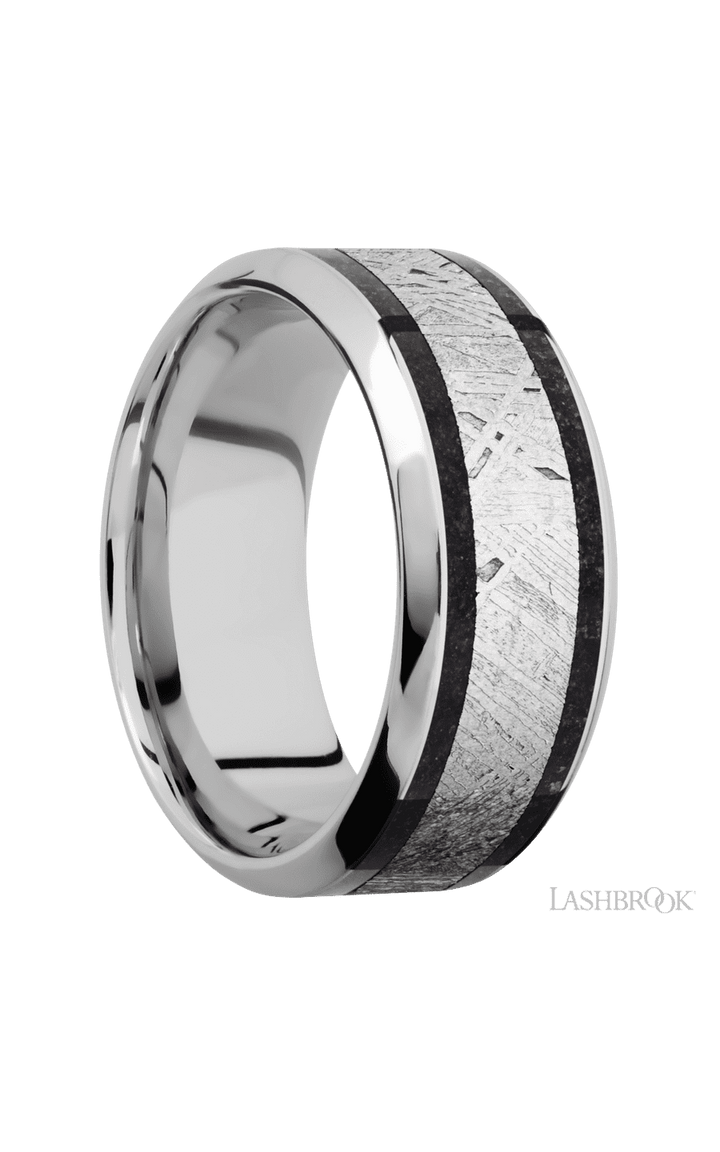 9 mm wide/High Bevel/Cobalt Chrome band featuring inlays of Dinosaur Bone Black and Meteorite.
