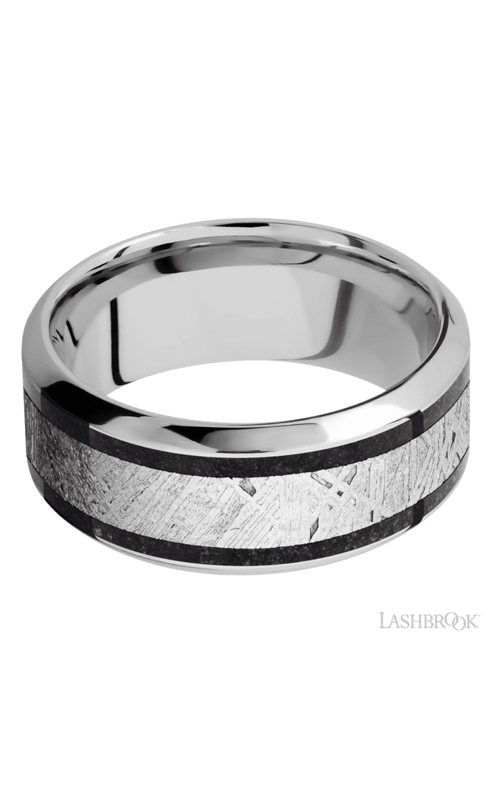 9 mm wide/High Bevel/Cobalt Chrome band featuring inlays of Dinosaur Bone Black and Meteorite.