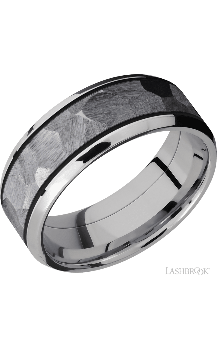 8 mm wide/Beveled/Cobalt Chrome band with one 5 mm Centered inlay of Tantalum.