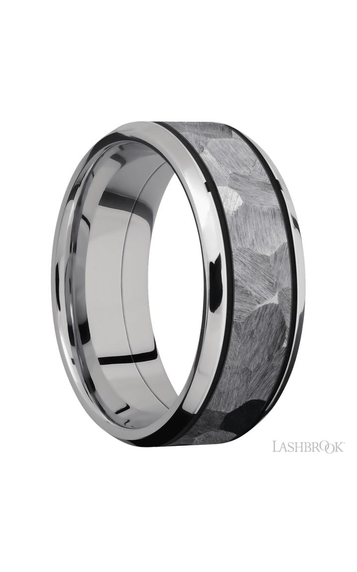 8 mm wide/Beveled/Cobalt Chrome band with one 5 mm Centered inlay of Tantalum.