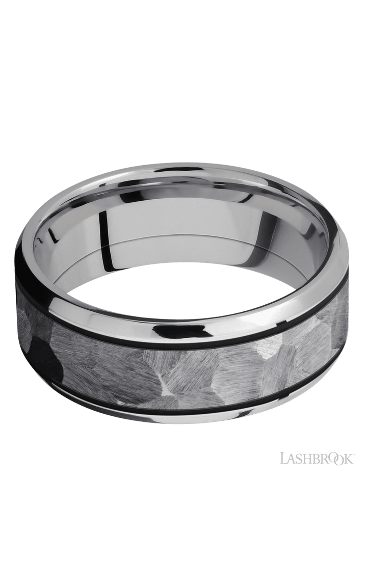 8 mm wide/Beveled/Cobalt Chrome band with one 5 mm Centered inlay of Tantalum.