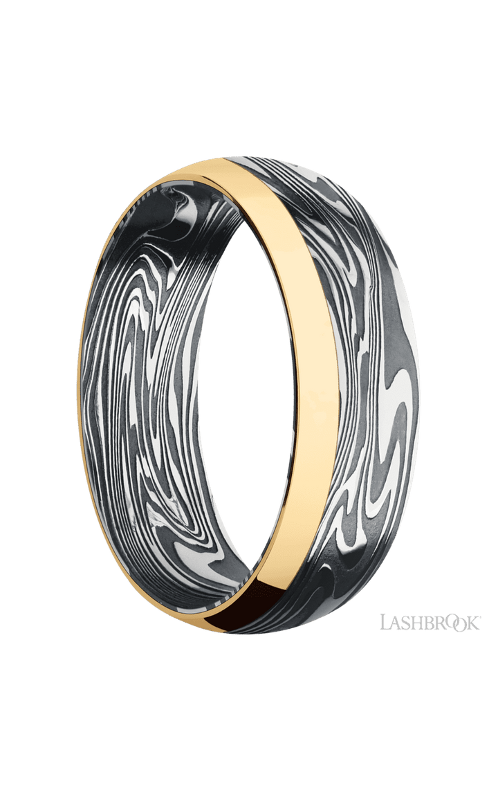 7 mm wide/Domed/Kinetic band with one 2 mm Off Center Edge inlay of 14K Yellow Gold.
