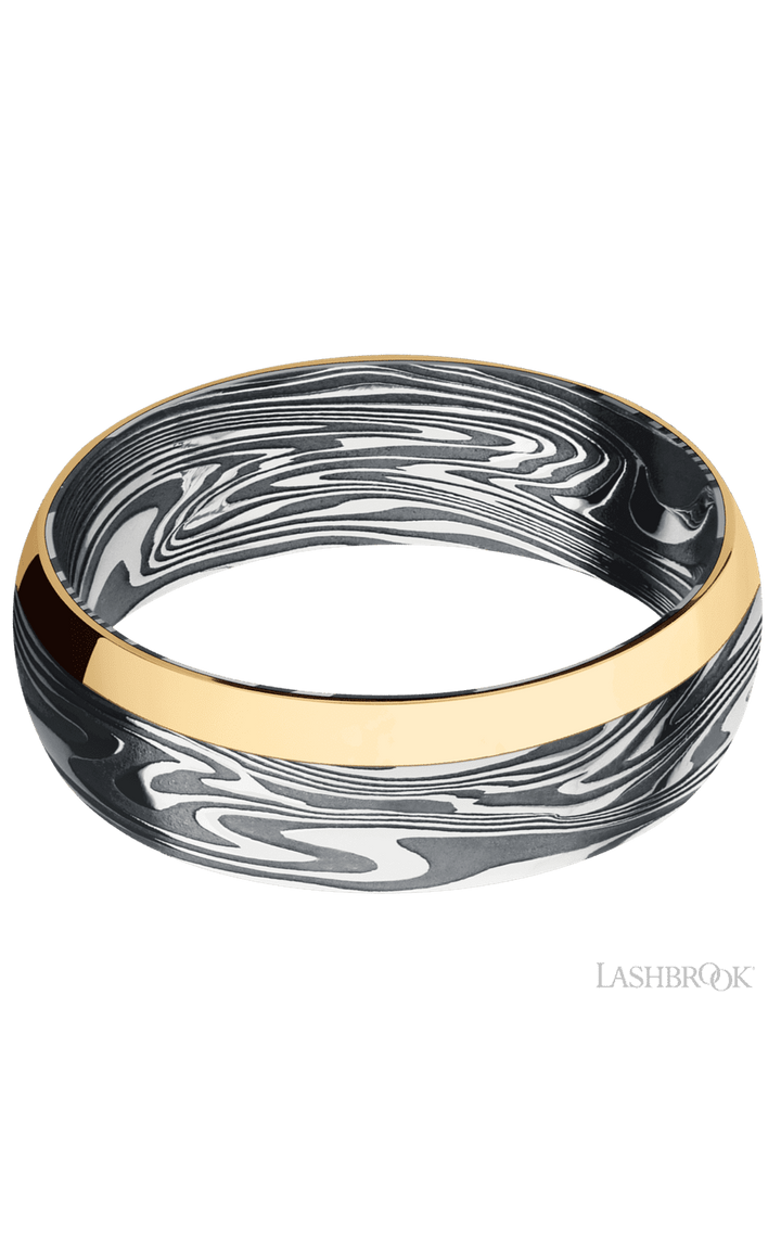 7 mm wide/Domed/Kinetic band with one 2 mm Off Center Edge inlay of 14K Yellow Gold.