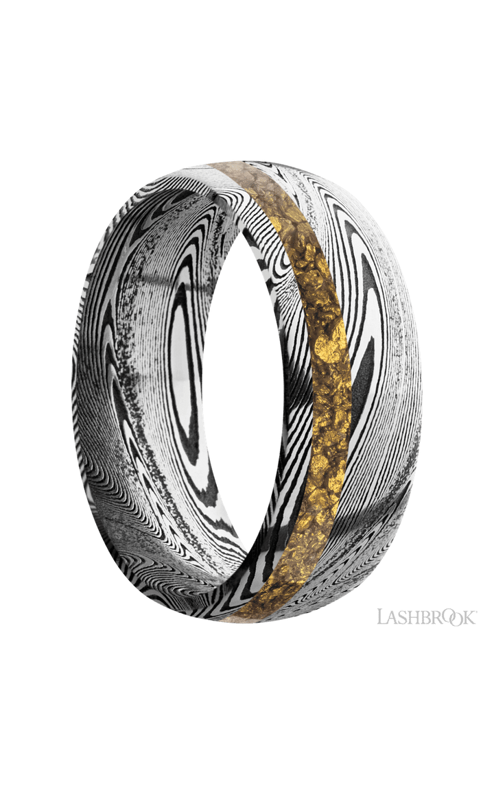 8 mm wide/Domed/Tightweave band with one 2 mm Off Center inlay of Alaskan Gold Nugget.