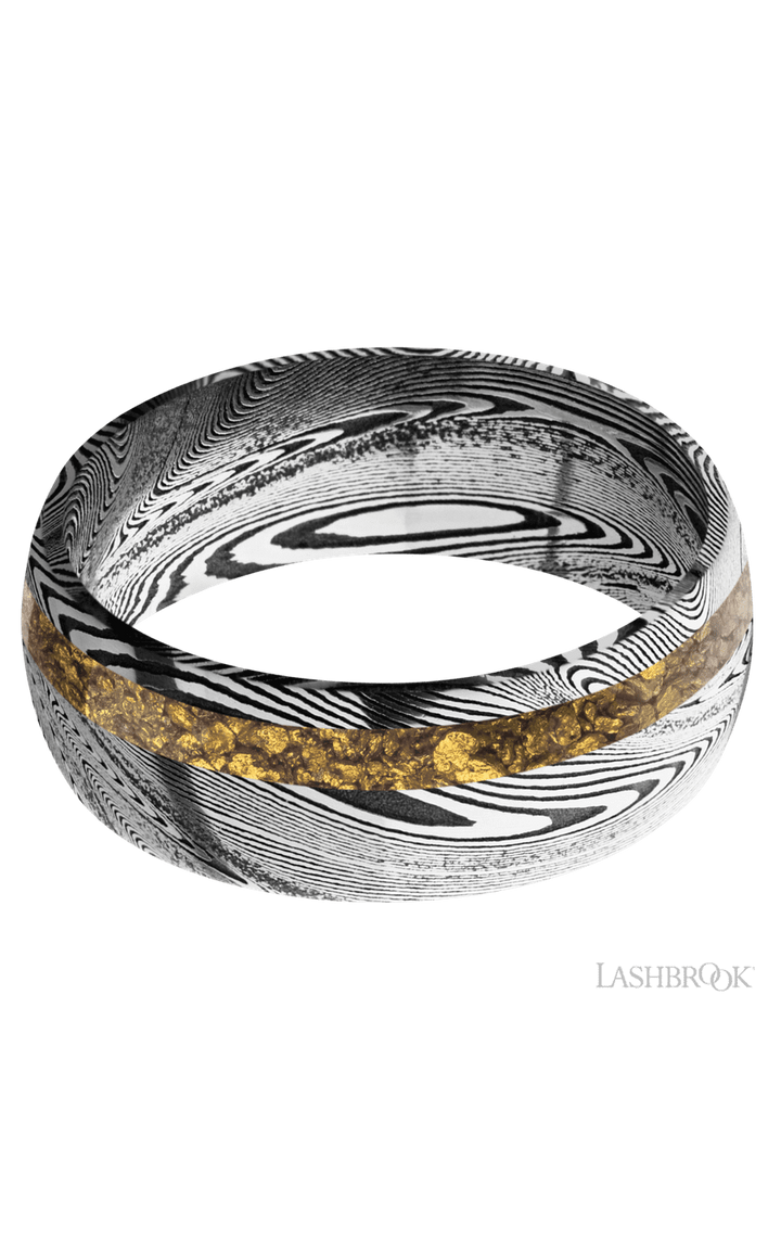 8 mm wide/Domed/Tightweave band with one 2 mm Off Center inlay of Alaskan Gold Nugget.