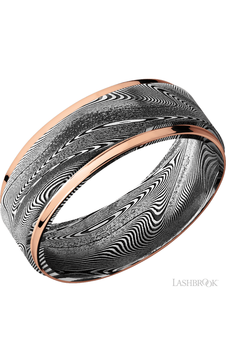 8 mm wide/Flat Grooved Edges/Tightweave band with two 1 mm Edge inlays of 14K Rose Gold.