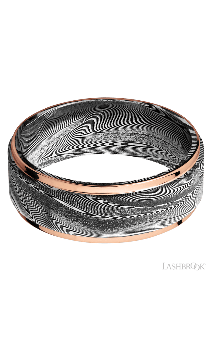 8 mm wide/Flat Grooved Edges/Tightweave band with two 1 mm Edge inlays of 14K Rose Gold.