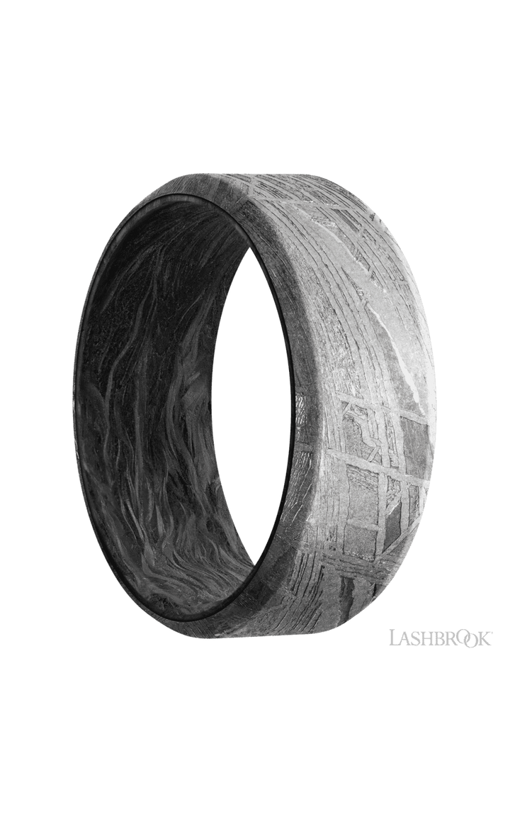 8 mm wide Beveled Meteorite band featuring a Forged Carbon Fiber sleeve.