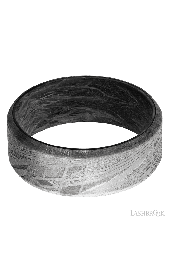 8 mm wide Beveled Meteorite band featuring a Forged Carbon Fiber sleeve.