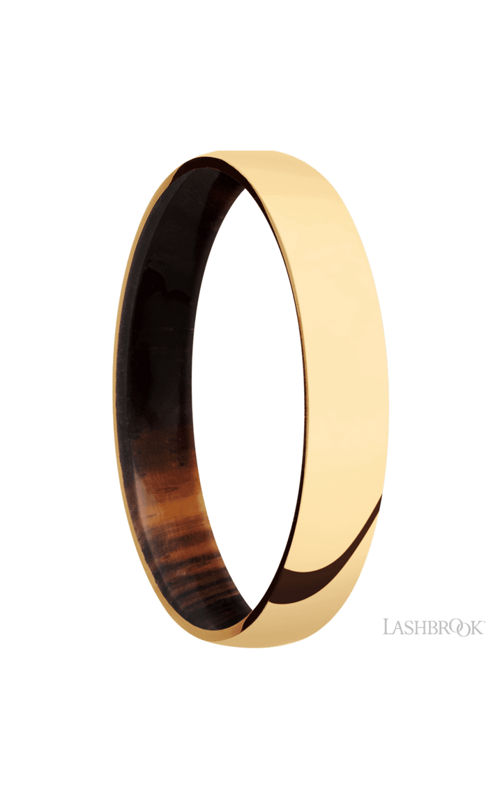 4 mm wide Domed 14K Yellow Gold band featuring a Cocobolo sleeve.