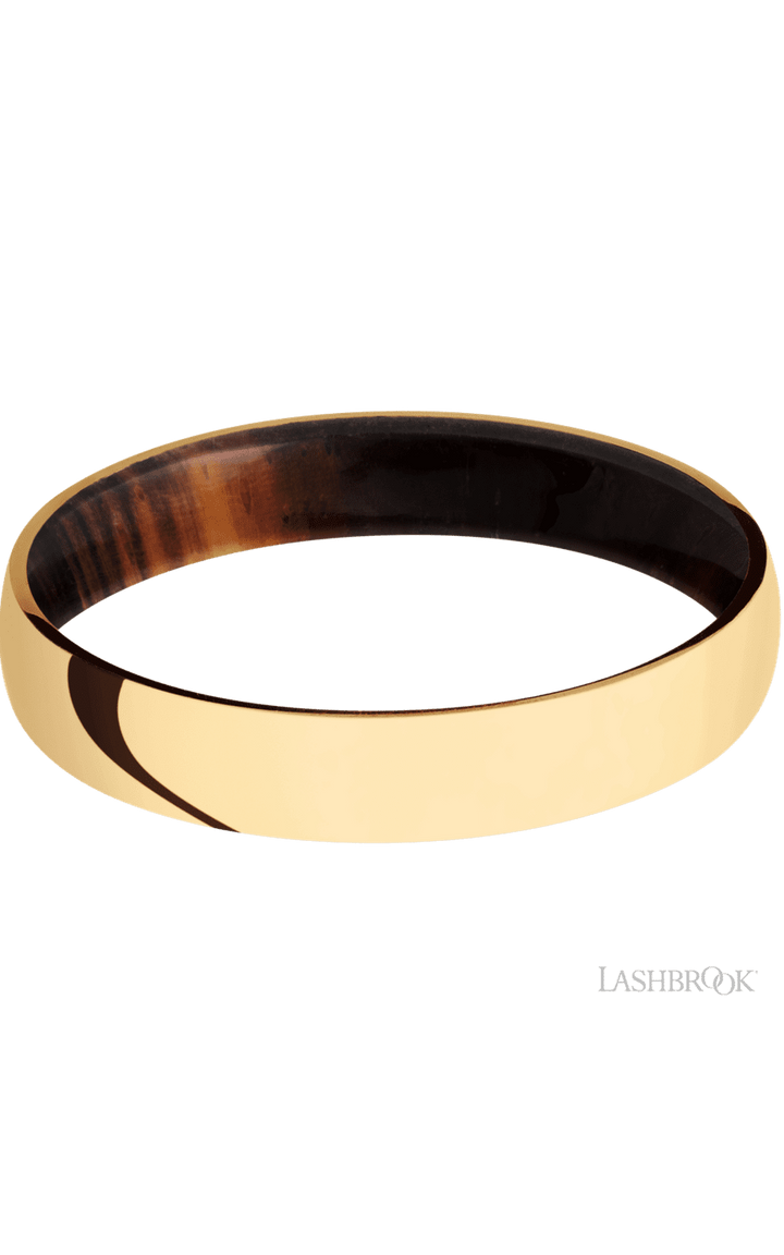 4 mm wide Domed 14K Yellow Gold band featuring a Cocobolo sleeve.