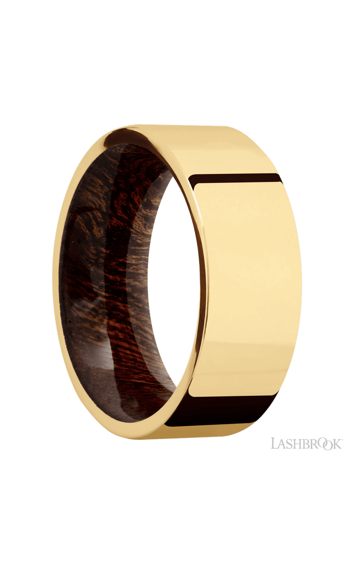 8 mm wide Flat 14K Yellow Gold band featuring a Sapele sleeve.