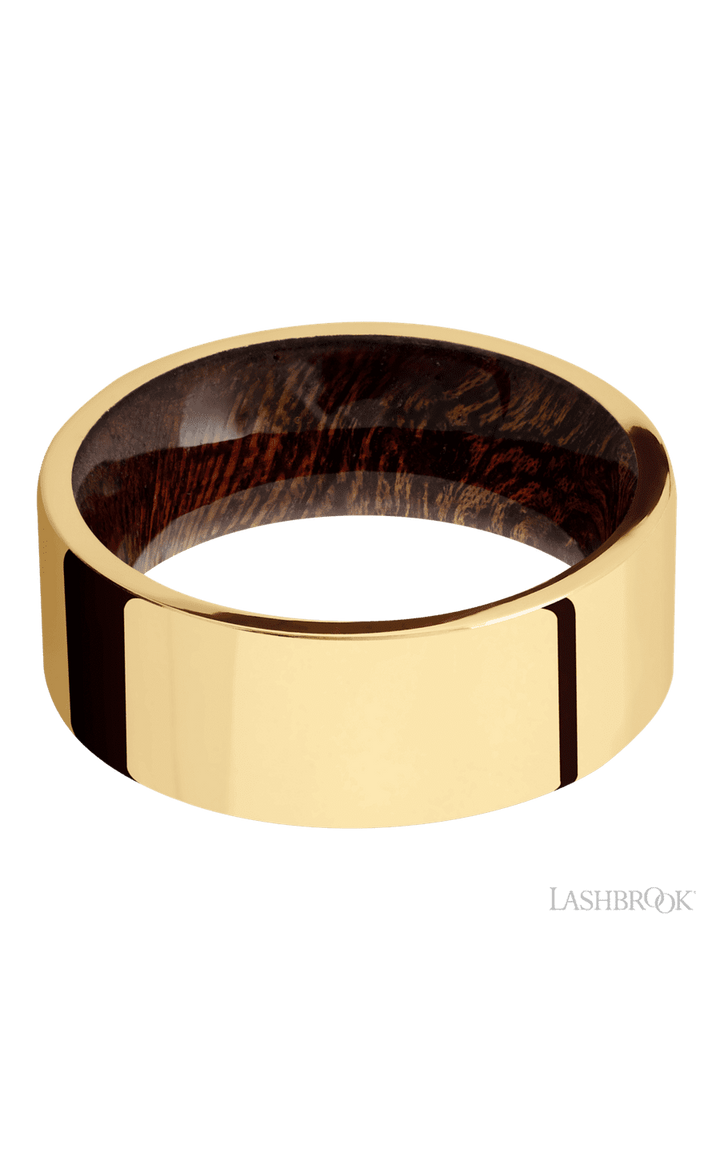 8 mm wide Flat 14K Yellow Gold band featuring a Sapele sleeve.