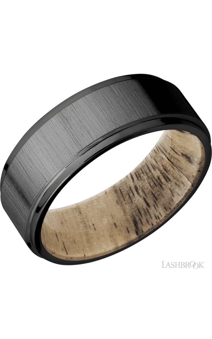 8 mm wide Flat Grooved Edges Zirconium band featuring a Spalted Tamarind sleeve.
