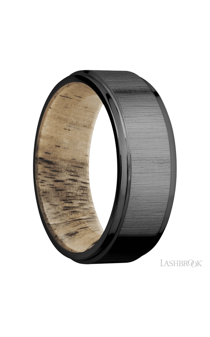 8 mm wide Flat Grooved Edges Zirconium band featuring a Spalted Tamarind sleeve.