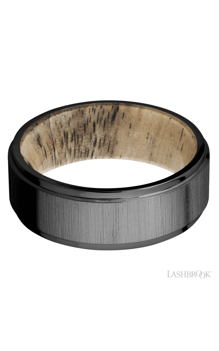 8 mm wide Flat Grooved Edges Zirconium band featuring a Spalted Tamarind sleeve.