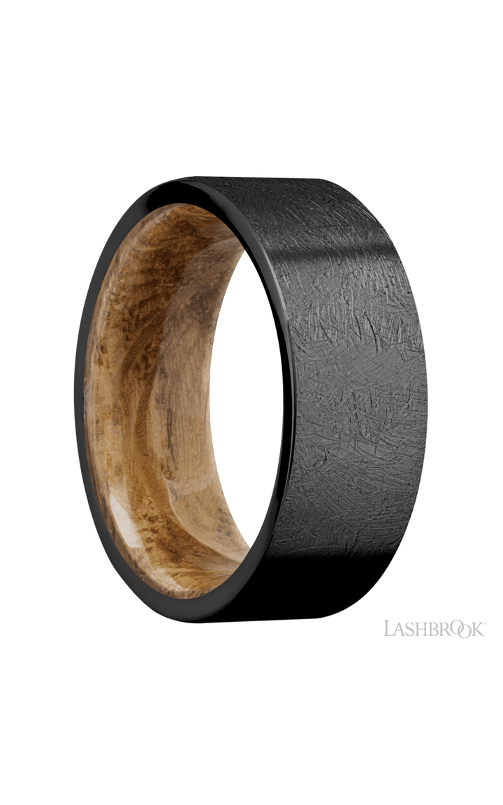 8 mm wide Flat Zirconium band featuring a Whiskey Barrel sleeve.