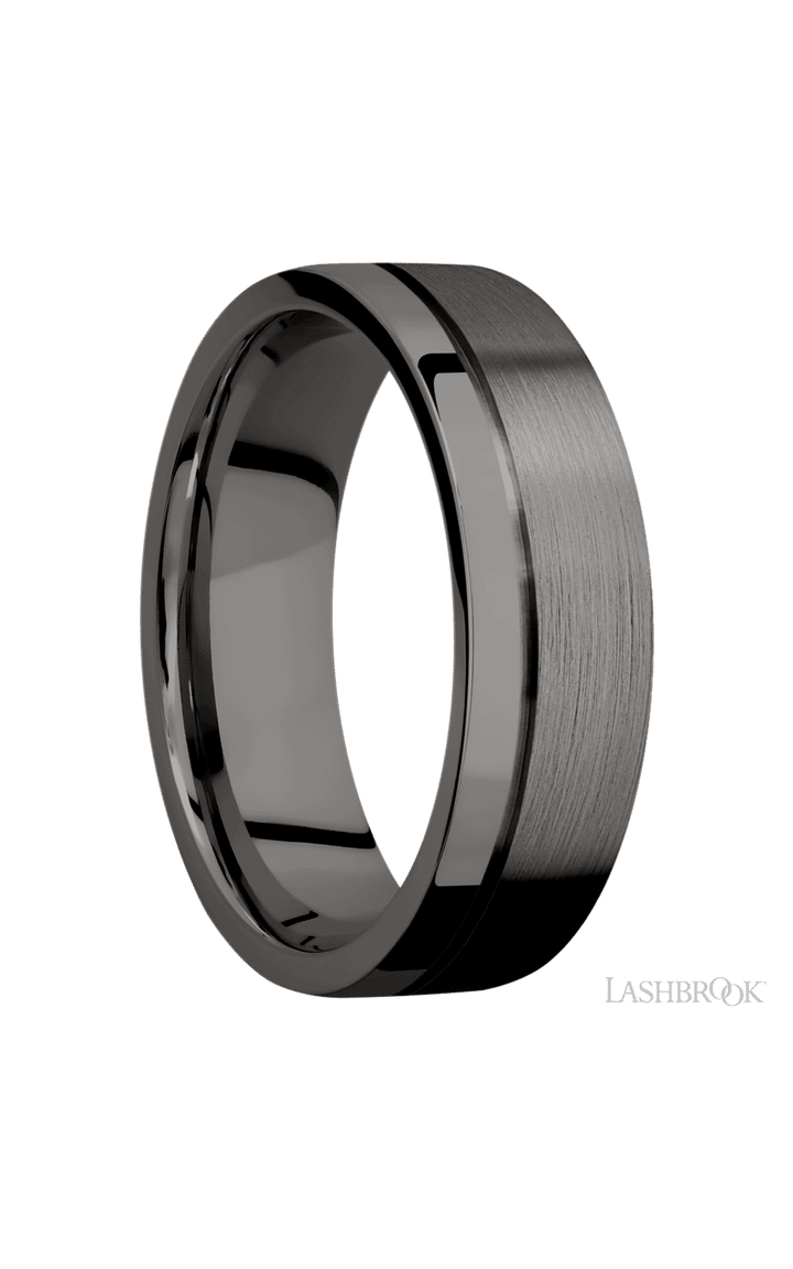 7 mm wide Flat with Off Center Accent Groove Tantalum Noir band.