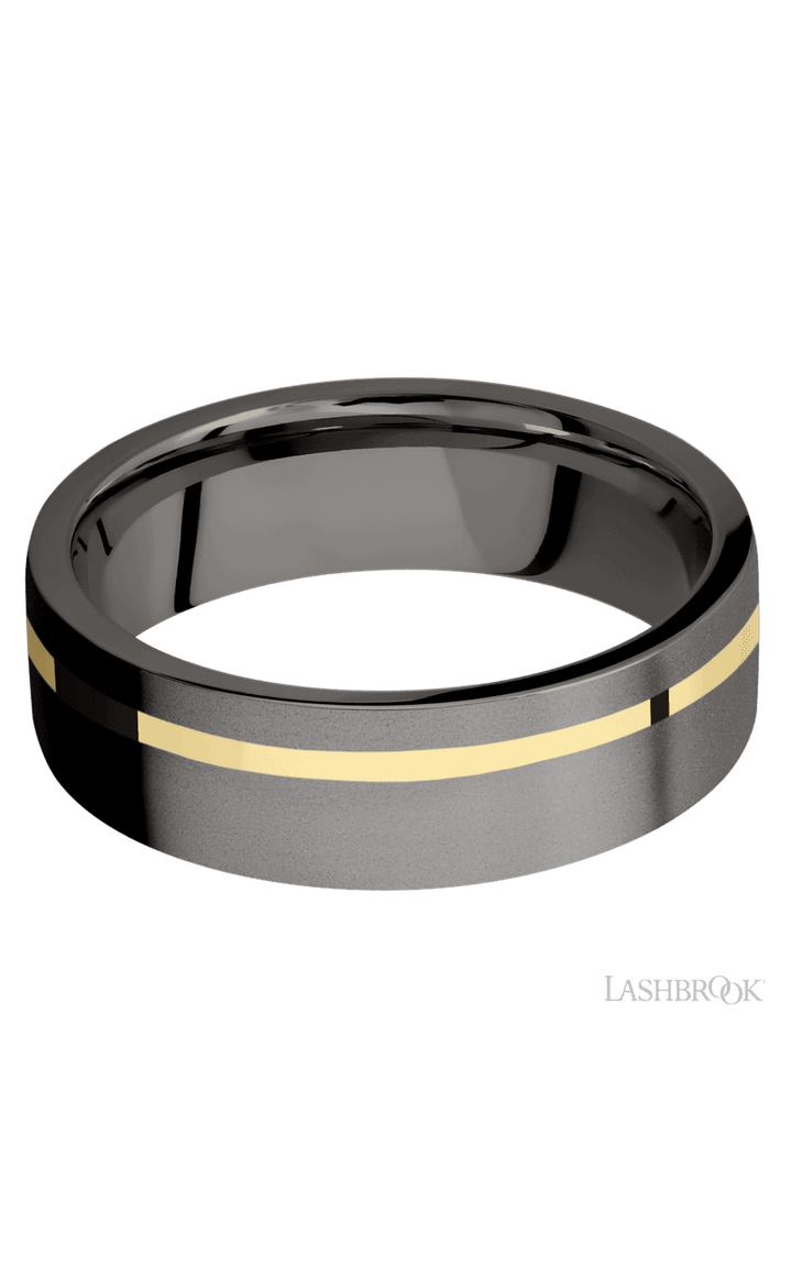 7 mm wide/Flat/Tantalum Noir band with one 1 mm Off Center inlay of 14K Yellow Gold.