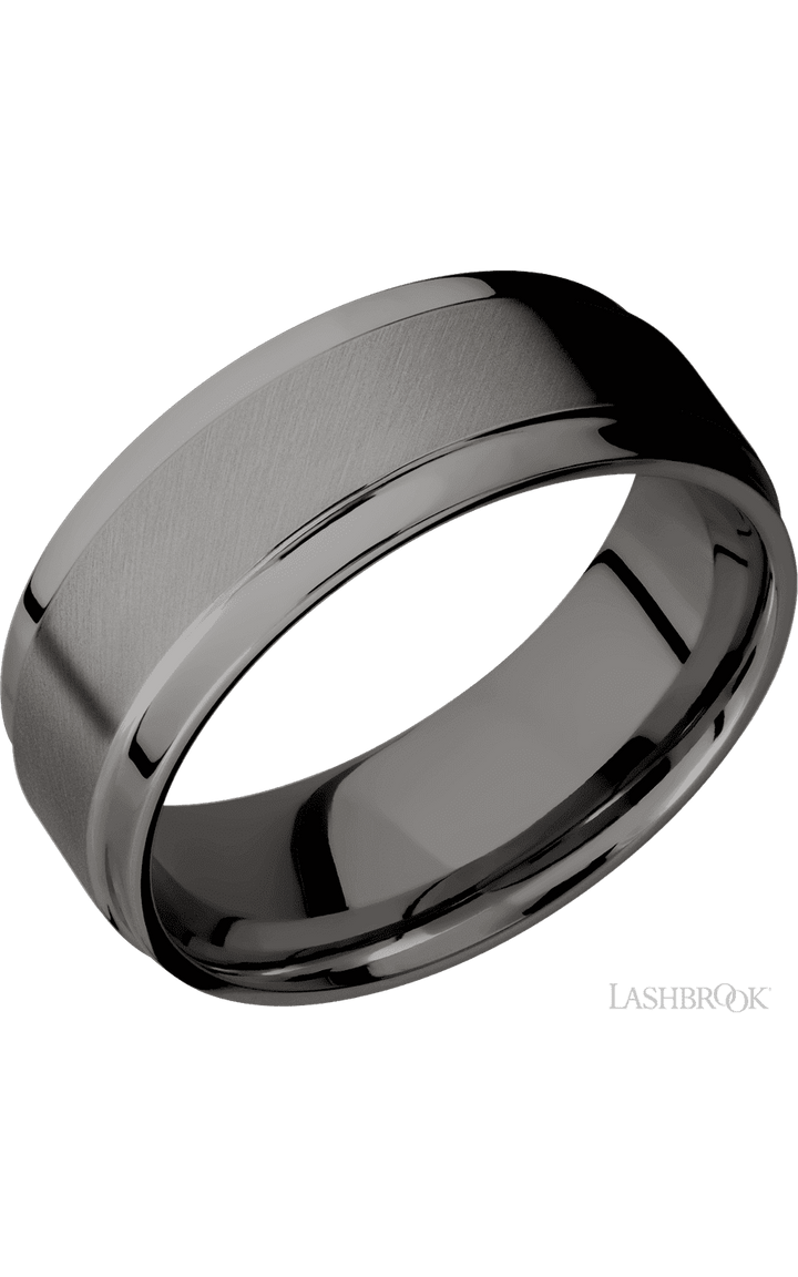 8 mm wide Flat Wide Grooved Edges Tantalum Noir band.