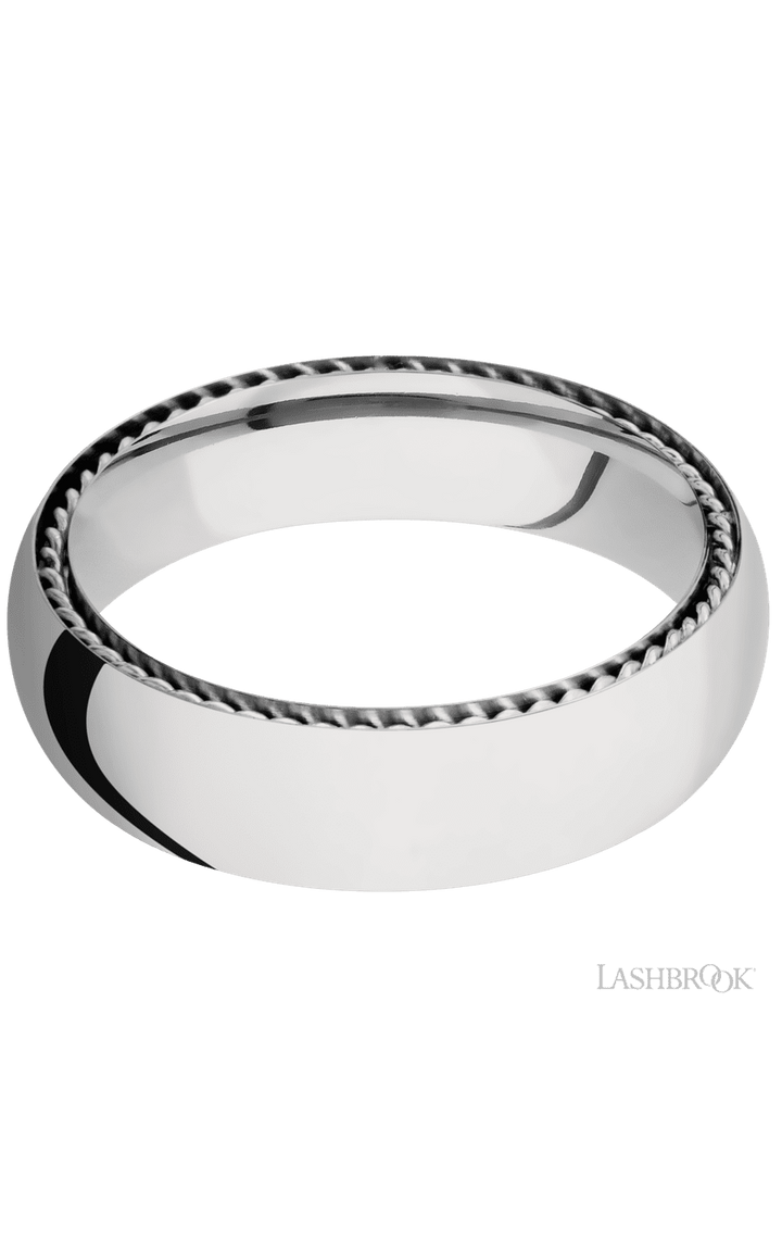 6 mm wide/Domed/14K White Gold band with two 1 mm Sidebraid inlays of 14K White Gold.