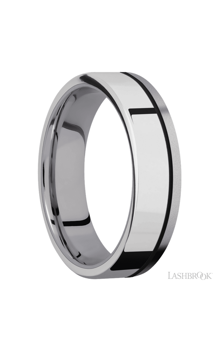 6 mm wide/Flat/Tantalum band with one 4 mm Off Center Edge inlay of Palladium Silver.