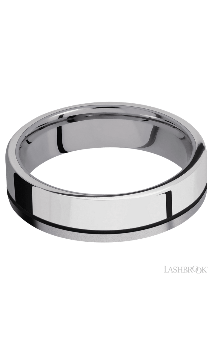 6 mm wide/Flat/Tantalum band with one 4 mm Off Center Edge inlay of Palladium Silver.