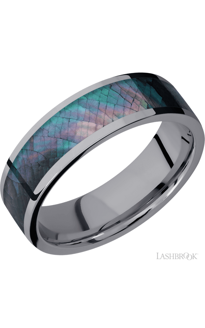 7 mm wide/Flat/Tantalum band with one 5 mm Centered inlay of Black Mother of Pearl.