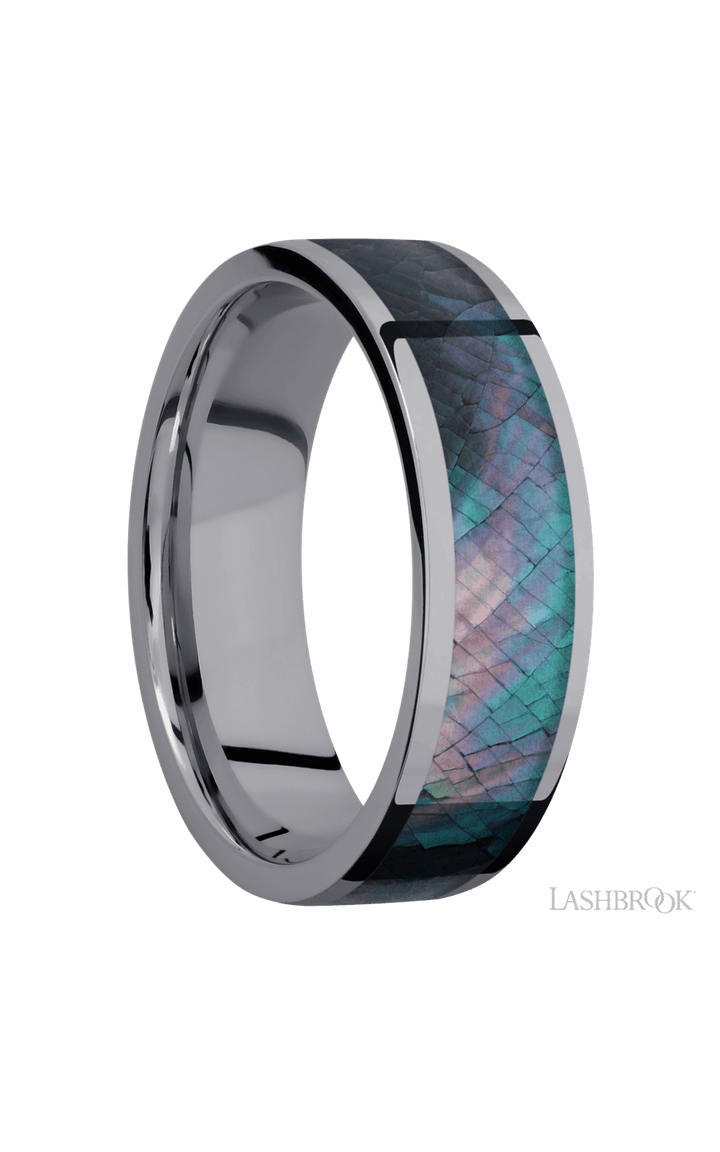 7 mm wide/Flat/Tantalum band with one 5 mm Centered inlay of Black Mother of Pearl.