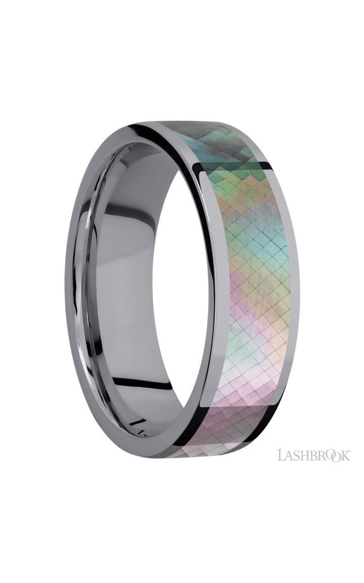 7 mm wide/Flat/Tantalum band with one 5 mm Centered inlay of Black Mother of Pearl.