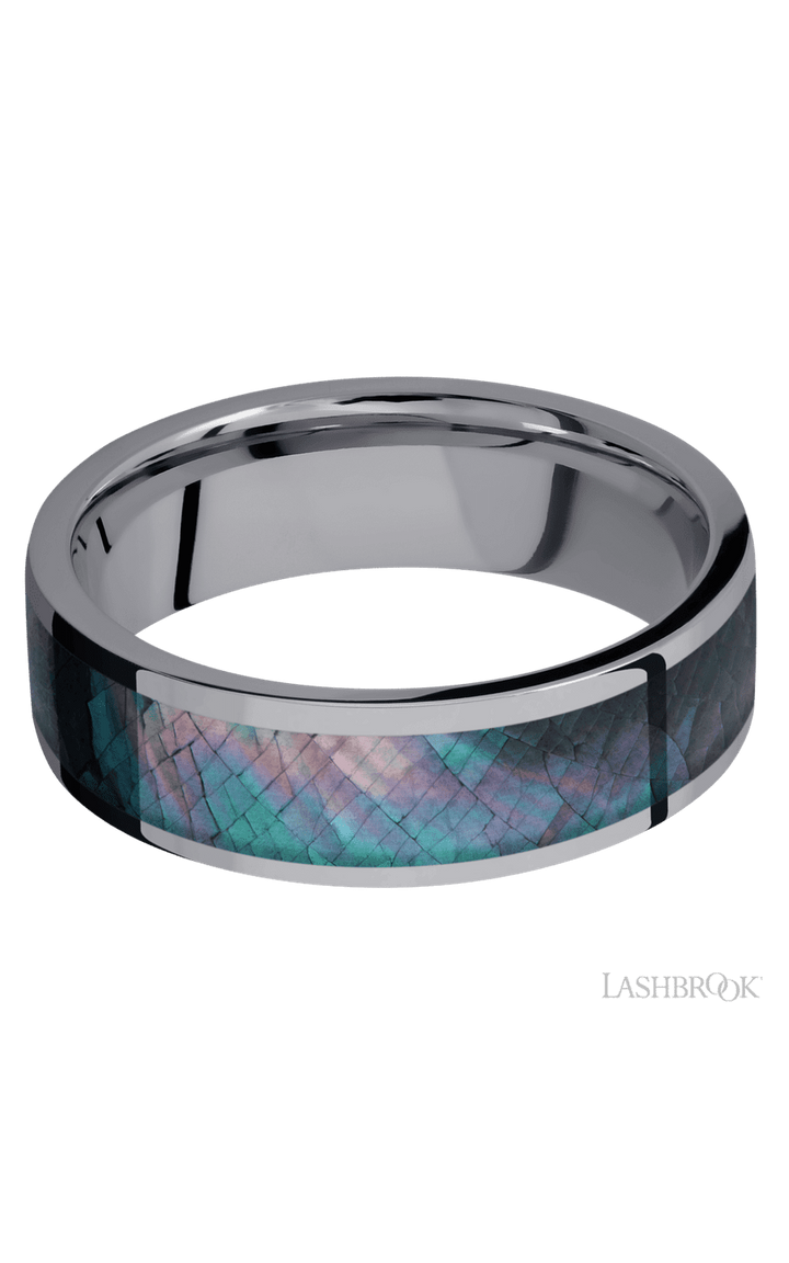 7 mm wide/Flat/Tantalum band with one 5 mm Centered inlay of Black Mother of Pearl.