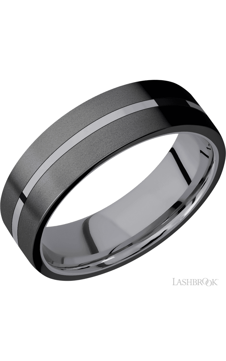 7 mm wide/Flat/Tantalum band with two 3 mm Double Off Center Edge inlays of Zirconium.