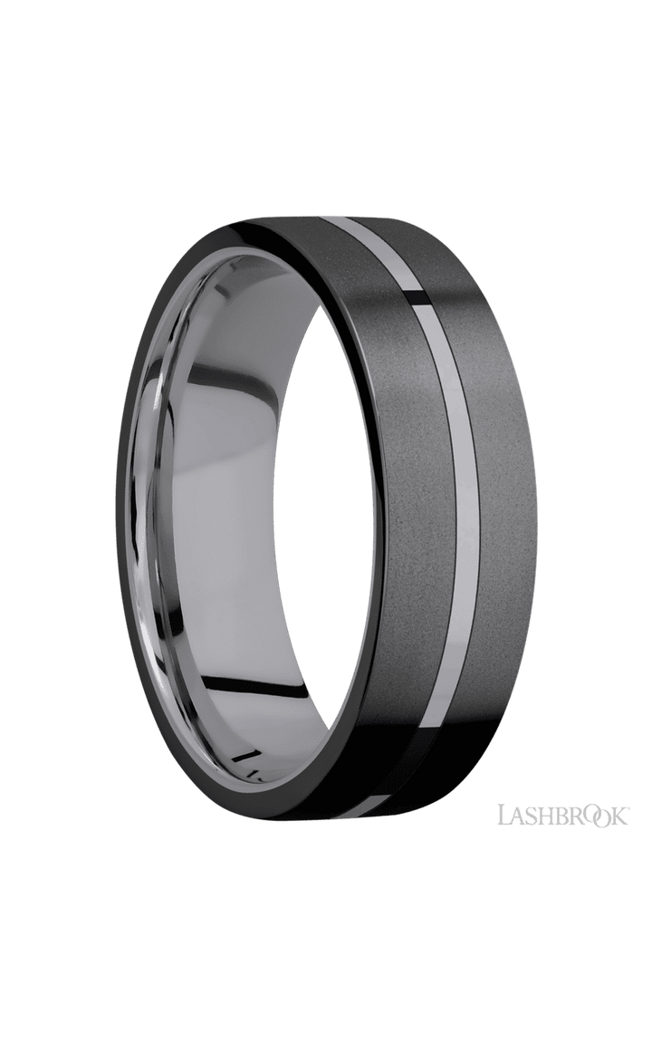 7 mm wide/Flat/Tantalum band with two 3 mm Double Off Center Edge inlays of Zirconium.